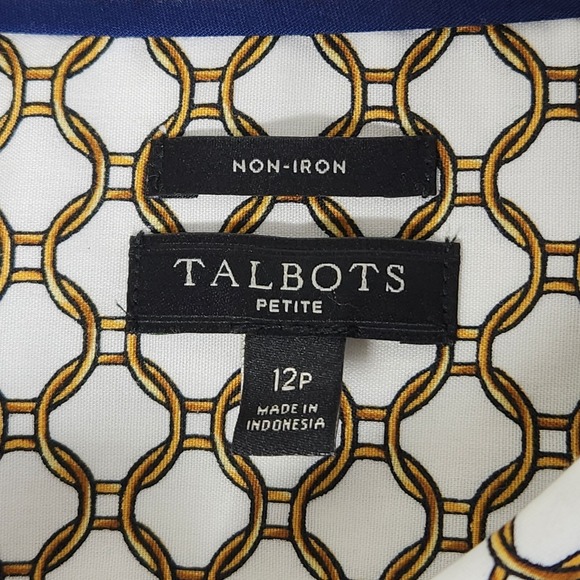 Talbots NWOT Petites Chain Button Down Blouse 12P Chain Print Navy White Gold - Picture 10 of 15